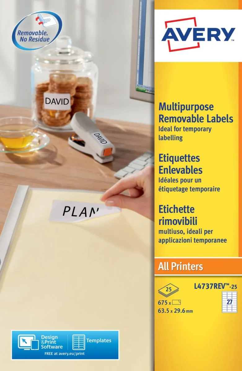 Avery L4737REV-25 Multipurpose Removable Labels 25 sheets - 27 Labels per Sheet