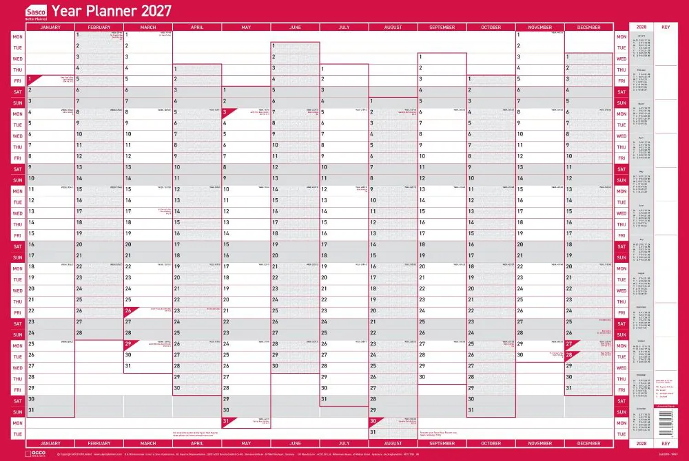 Sasco 2027 Vertical Unmounted Original Year Wall Planner 915 x 610mm
