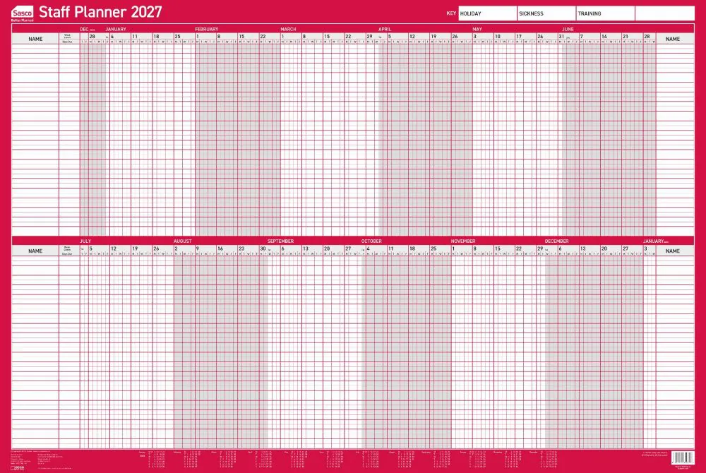 Sasco 2027 Mounted Staff Year Wall Planner 915 x 610mm